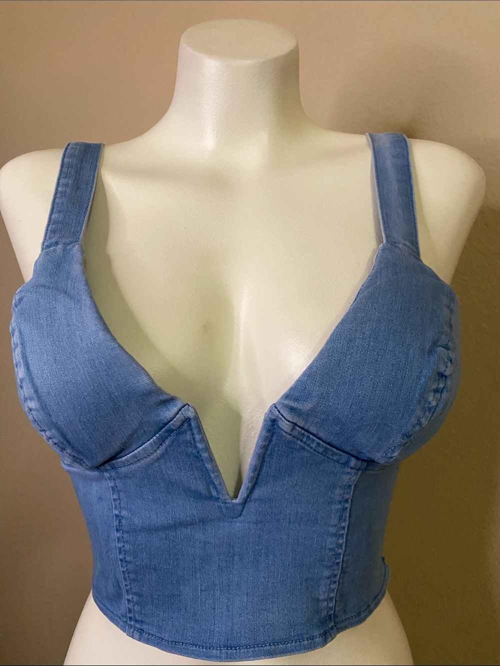 Haute Monde Light Blue Denim V-Plunge Crop Top